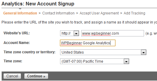 Step 3 for Google Anayltics Signup