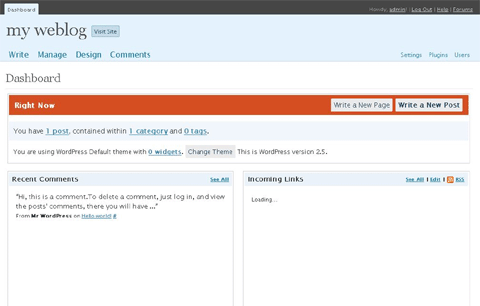 WordPress 2.5 Dashboard