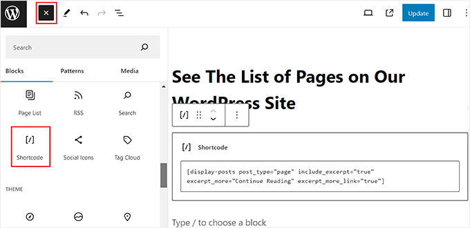 Add the page excerpt shortcode in the block editor