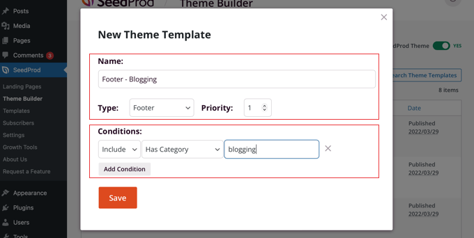 Enter the Name and Conditions of Your Custom Footer Template