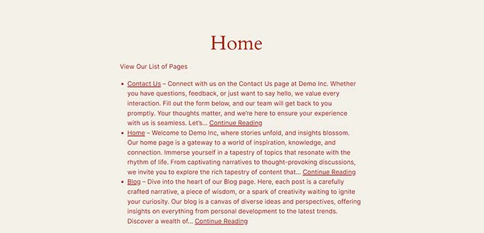 Page excerpts preview in the WordPress block theme