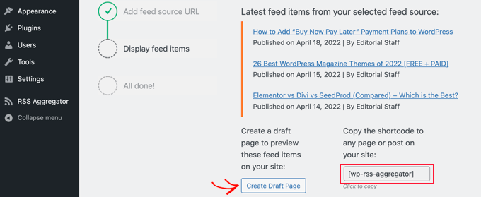 单击“创建草稿页面”按钮预览 RSS 源