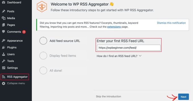 Enter the URL of the feed in the WP RSS Aggregator settings