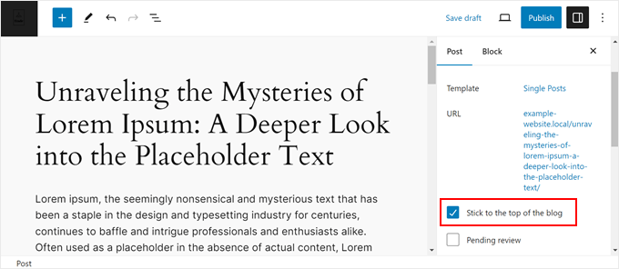 Creating a sticky post in the WordPress block editor