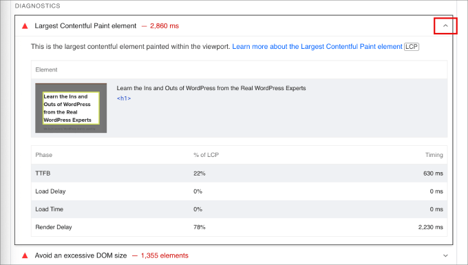 PageSpeed Insights diagnostics