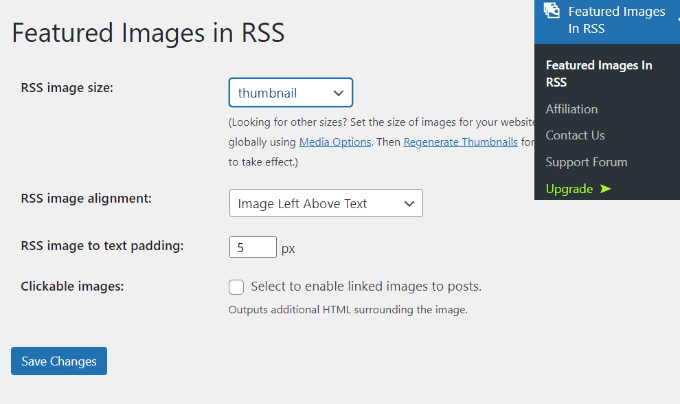 RSS 设置中的精选图像