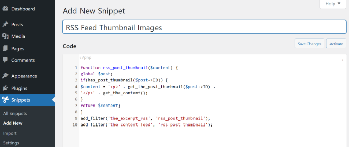 RSS feed code for thumbnail images