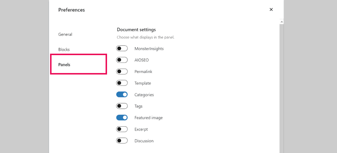 Show hide panels in block editor