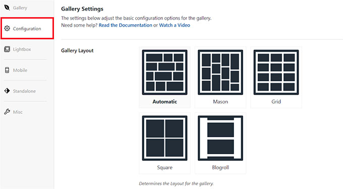 Configure gallery layout