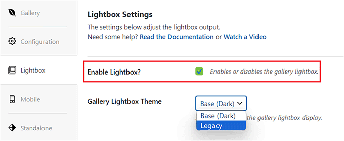 Enable the lightbox option