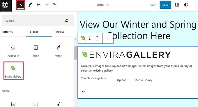 Add Envira Gallery block in full site editor