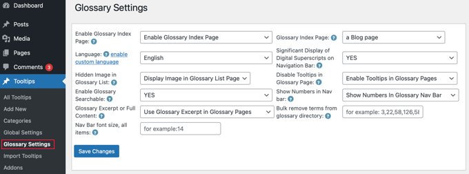 Tooltip Glossary Settings