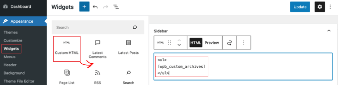 اضافه کردن کد کوتاه به ویجت HTML سفارشی