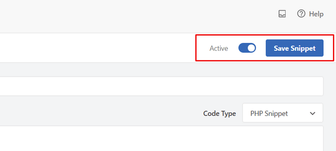 Activate and save code snippet WPCode