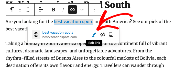 Botón Editar Enlace en el Editor de Bloques de WordPress Botón Editar Enlace en el Editor de Bloques de WordPress