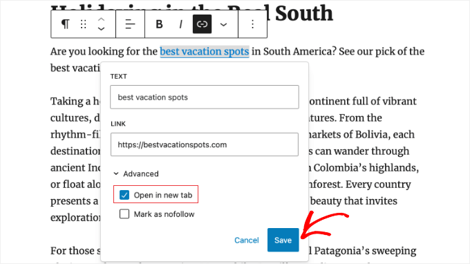Marca la opción "Abrir en una nueva pestaña" del enlace Marca la opción "Abrir en una nueva pestaña" del enlace