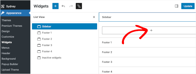 Adăugarea de blocuri în bara laterală a temei Sydney