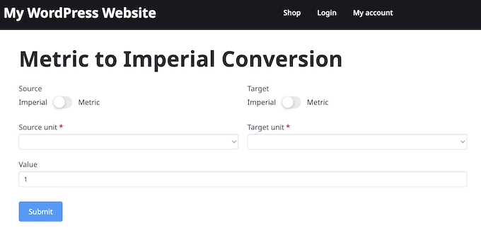 A metric to imperial conversion calculator, created using Formidable Forms