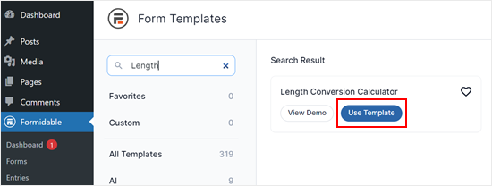 Choosing the length conversion calculator template in Formidable Forms