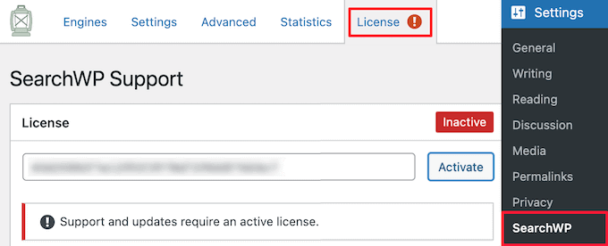 Enter the SearchWP license