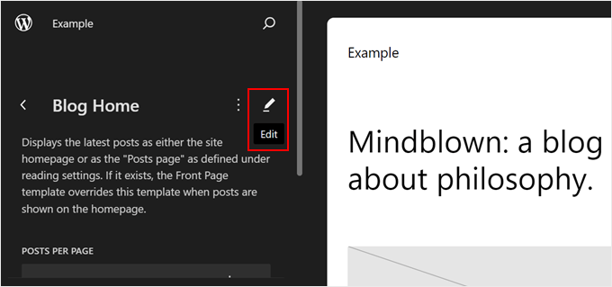 Selecting the pencil edit button to edit the Blog Home page in the Full Site Editor