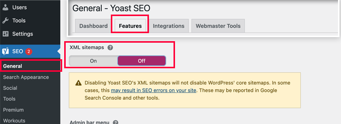 在 Yoast SEO 中禁用 XML 站点地图