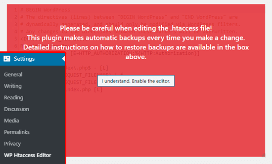 enable the htaccess editor