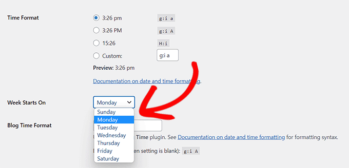 Choose a time format and the day your week starts on