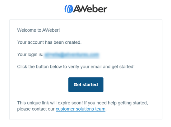 Email confirmation message from AWeber