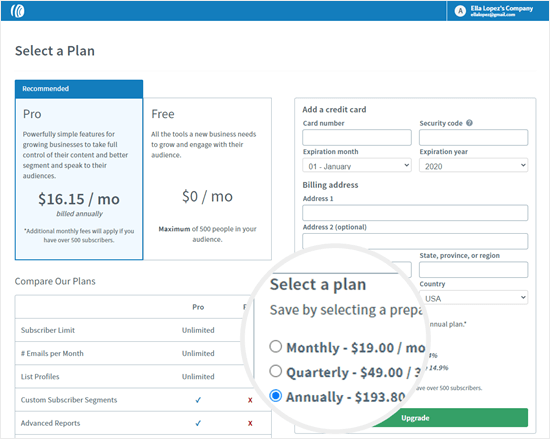 Select whether to upgrade to the paid plan or stick with the free plan