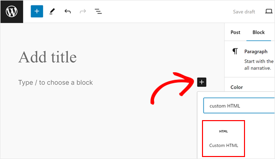 Adding a new Custom HTML block in the block editor