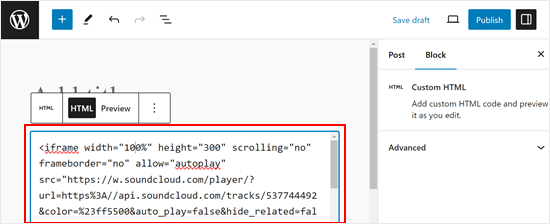 Pasting the Soundcloud embed code in the block editor