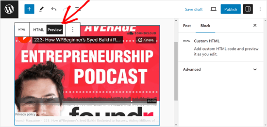 Previewing the Soundcloud embed code in the block editor