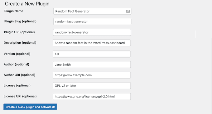 Adding the information for a custom WordPress plugin