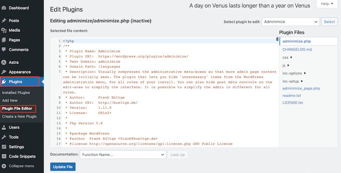 The WordPress plugin file editor