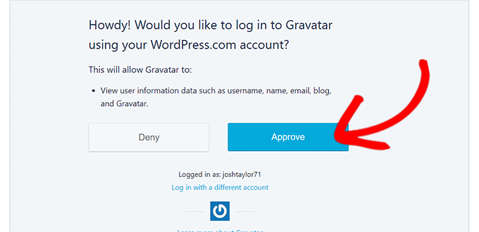 Clique no botão Approve (Aprovar) para integrar a conta do WordPress ao Gravatar