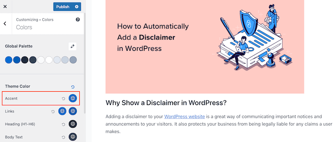 Changing the accent color in the WordPress theme settings