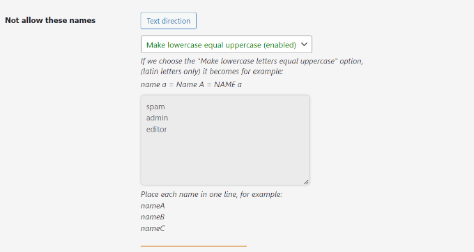 Enter names to restrict username