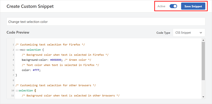 Inserting the default text selection color CSS code in WPCode