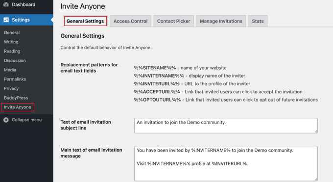 Invite Anyone Plugin General Settings