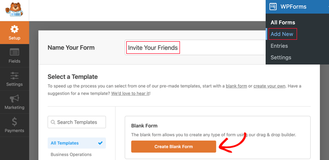 Add a New Blank Form in WPForms