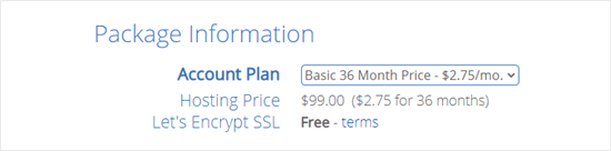 Bluehost defaults to the 36 month plan (best value) but you can change this