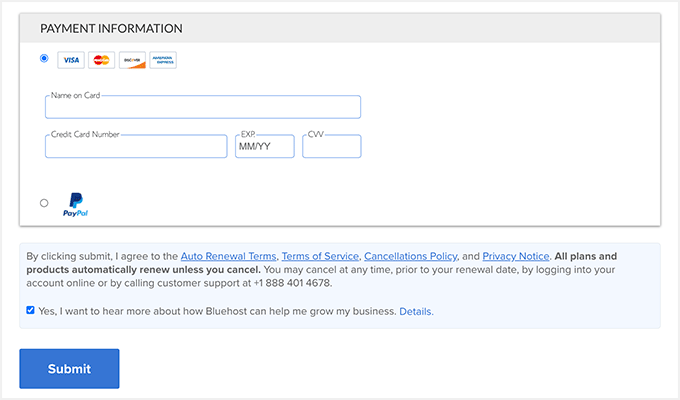 Bluehost Payment Info