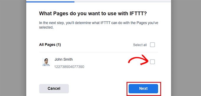 Choose the Facebook page you want to connect with IFTTT