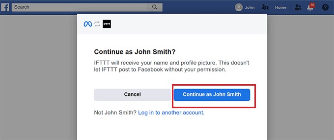 Click the Continue button to connect Facebook and IFTTT