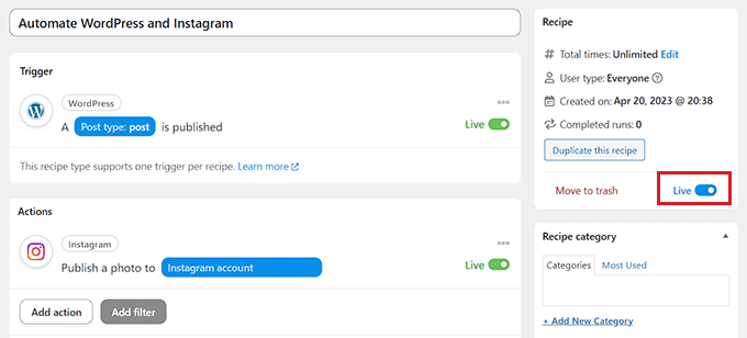 Toggle the switch to automate WordPress and Instagram