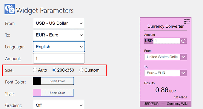Choose ideal size for currency converter widget