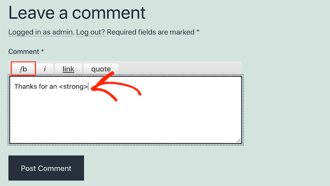The Bold quicktag in a WordPress comment form