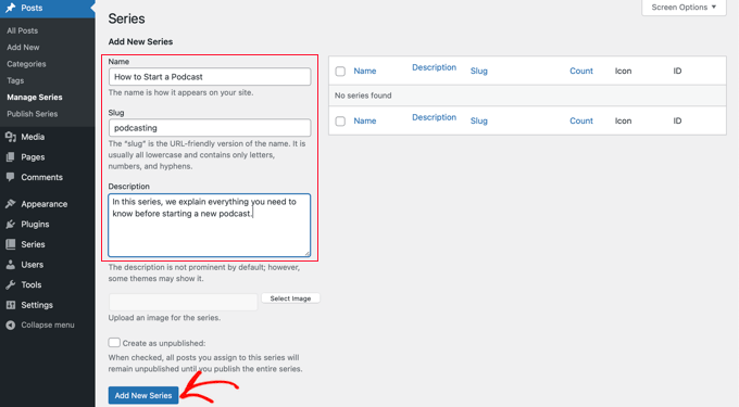 Add a New Series in WordPress