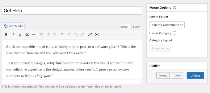 Cum să adaugi o descriere pe blogul sau site-ul tău WordPress Adăugarea unei descrieri sub câmpul nume forum wpForo